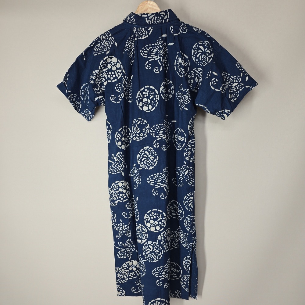 Vintage Handprinted Veggie Dye Indigo Cotton Midi‎ Dress Blue White Butterfly M - Picture 3 of 6